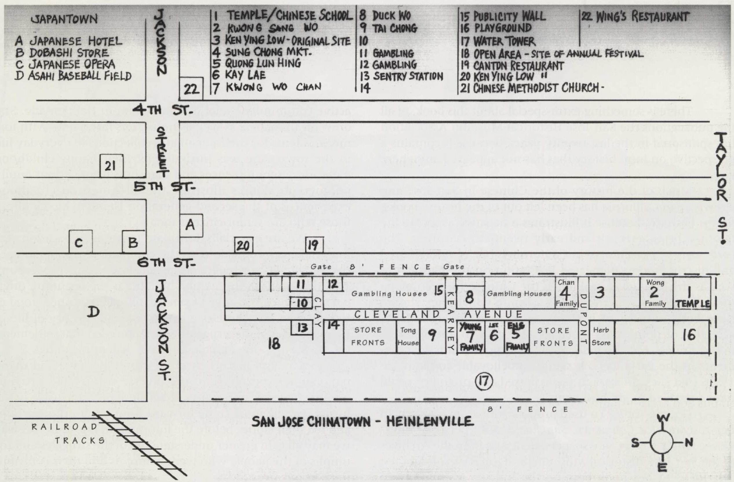 A grayscale image of a hand-drawn map titled San Jose Chinatown - Heinlenville