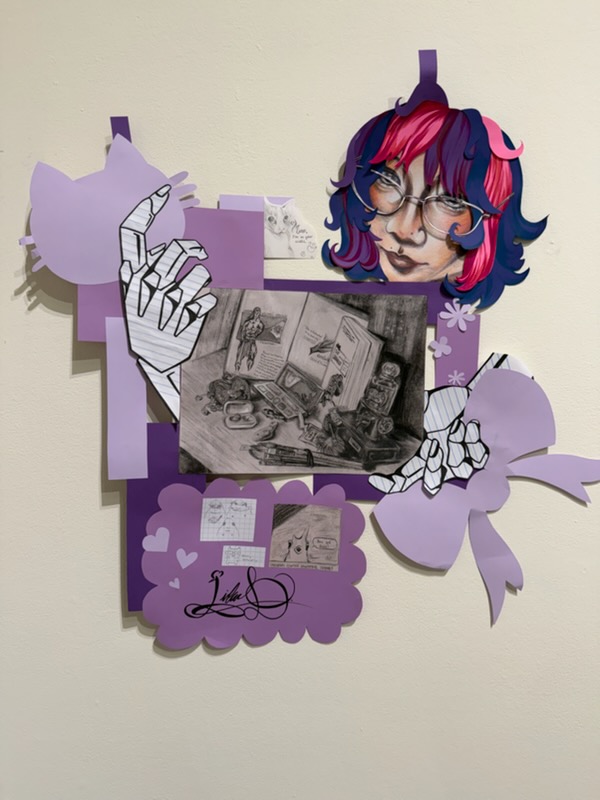 A mixed media wall collage in shades of purple featuring a colorful illustrated portrait, charcoal drawings, cut paper hands, bows, and cats