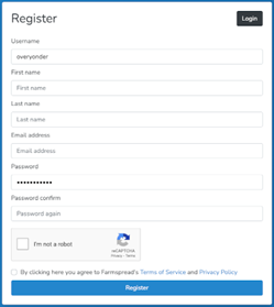 Screenshot of the Register form