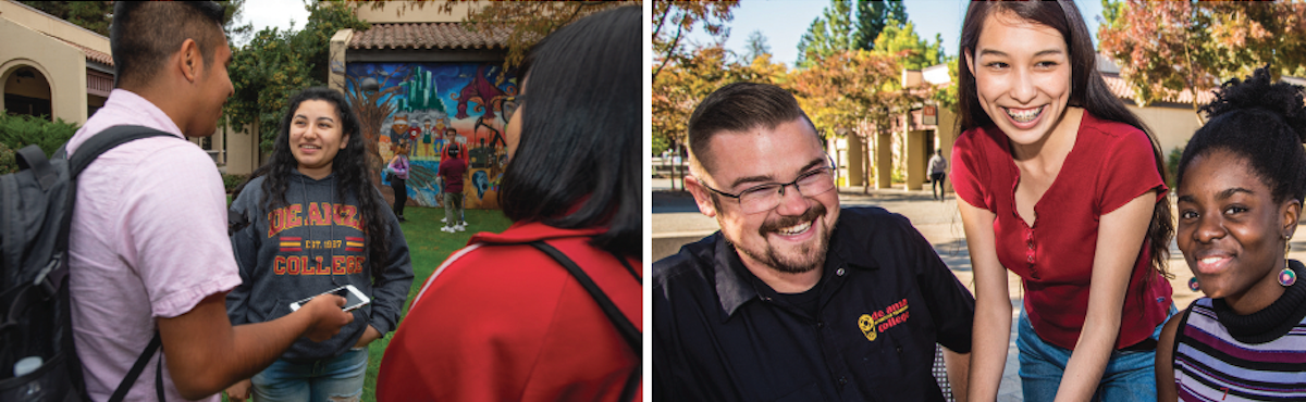 two panels: students talking near mural and students laughing at table