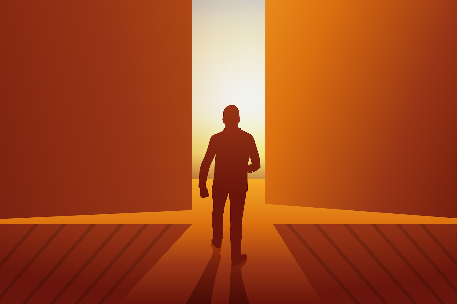 silhouette of man walking into light through open door
