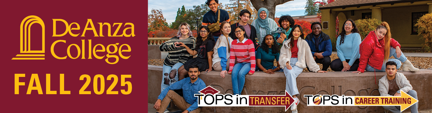 De Anza College Fall 2025 | Tops in Transfer | Tops in Career Training | students seated on low wall