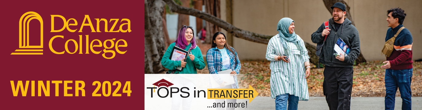 De Anza College Winter 2024 - Tops in Transfer and more! | students wearing jackets walking in a group and talking