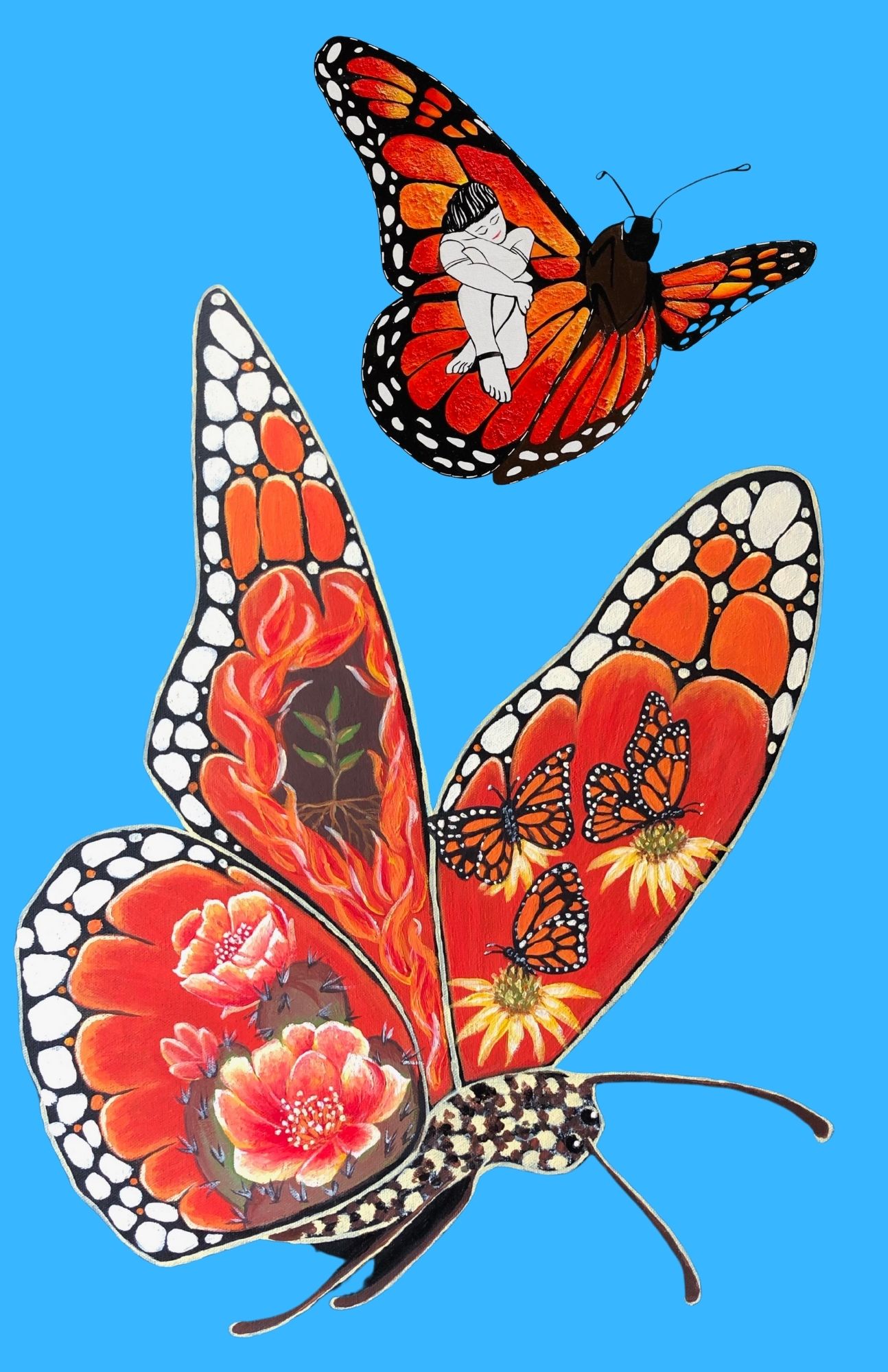 two butterflies with small person sleeping on one's wing